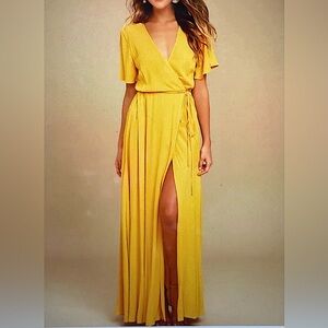 LULUS Golden Yellow Wrap Maxi Dress Sz XL